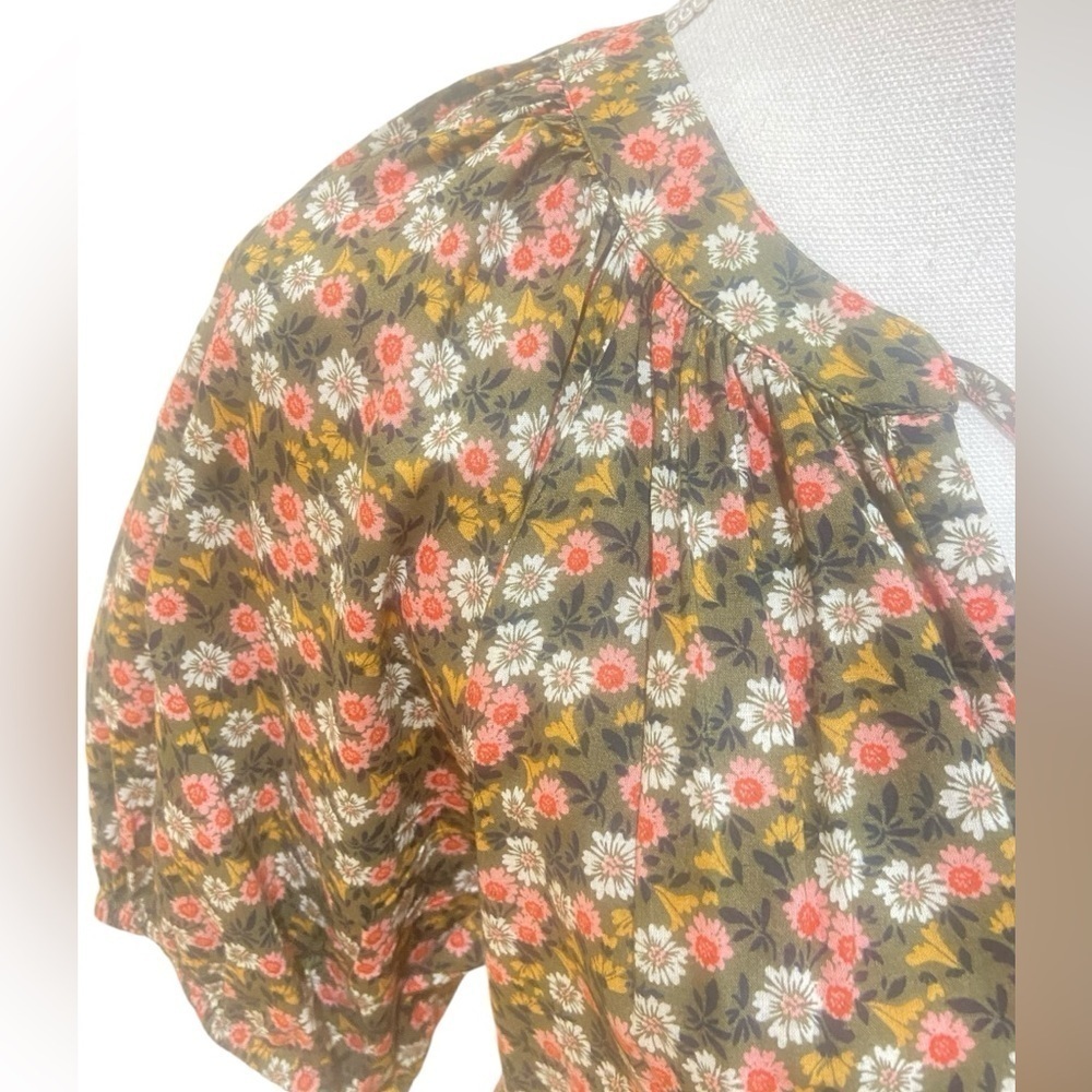 Loft olive peach floral peasant cotton blouse split neck puff sleeves medium - Picture 5 of 11